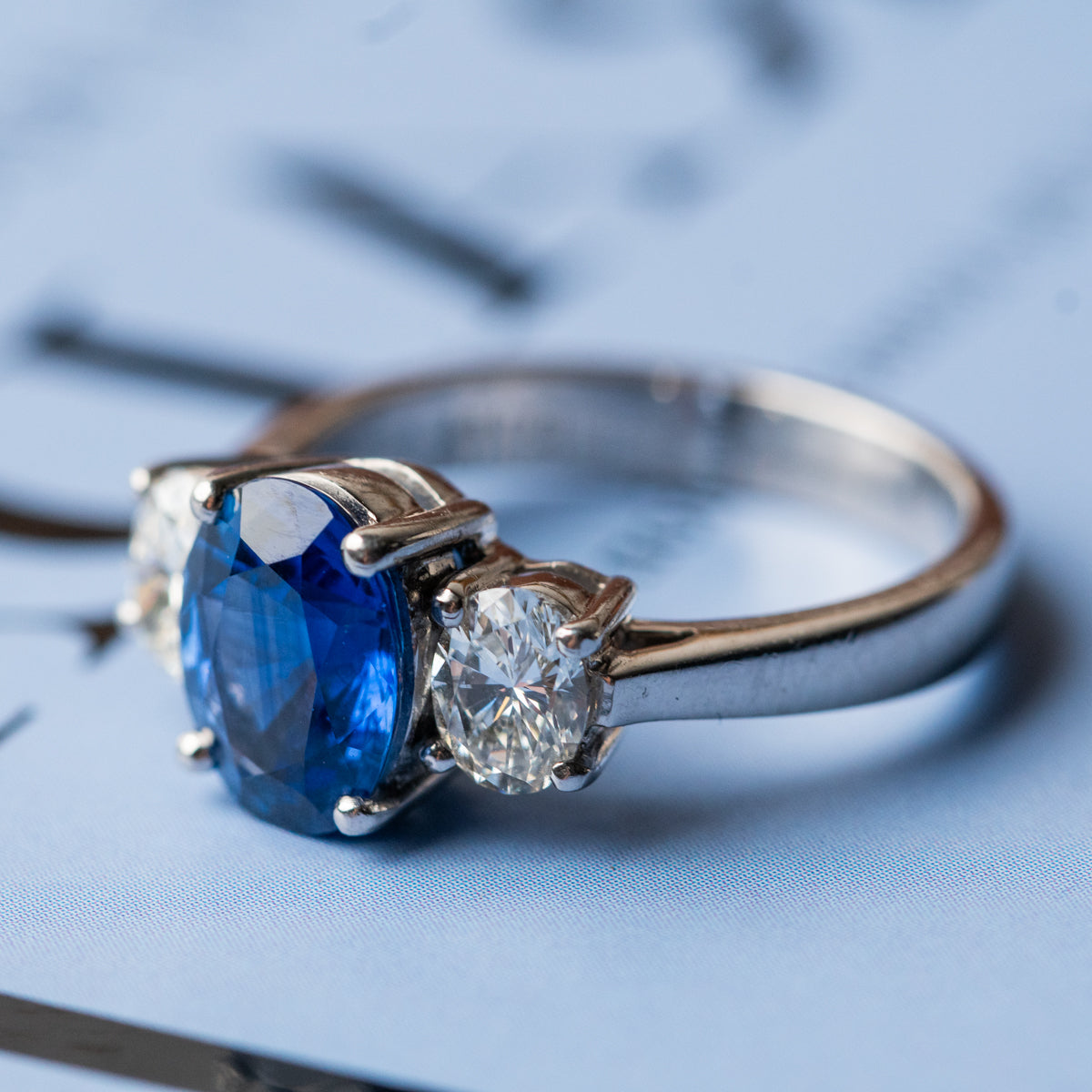 Blue Sapphire & Diamond Three Stone - Platinum