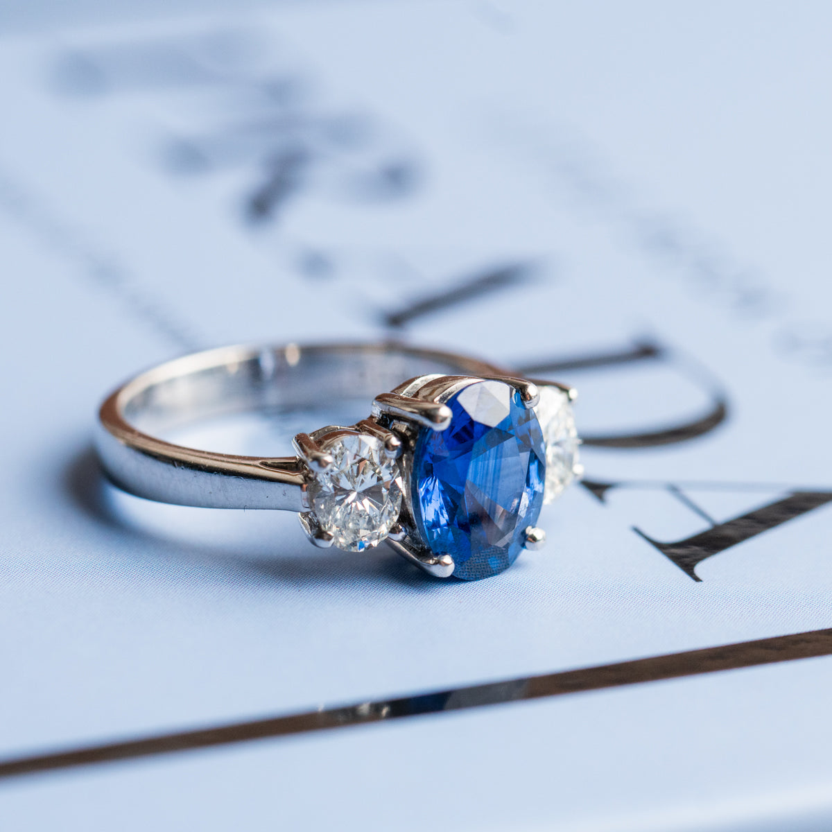 Blue Sapphire & Diamond Three Stone - Platinum