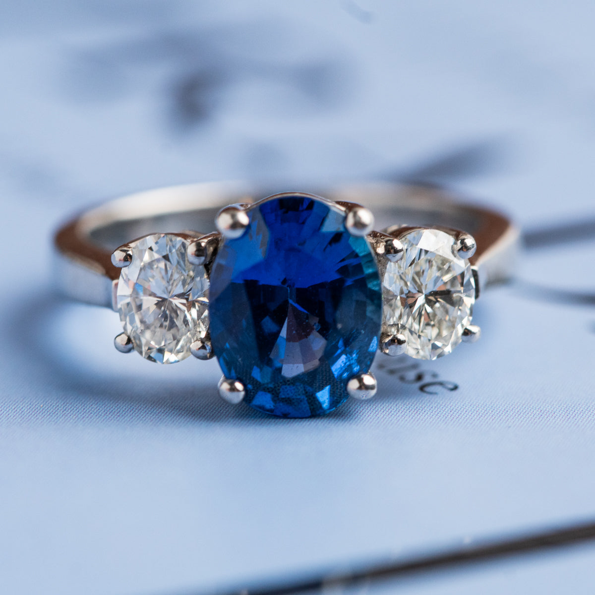 Blue Sapphire & Diamond Three Stone - Platinum