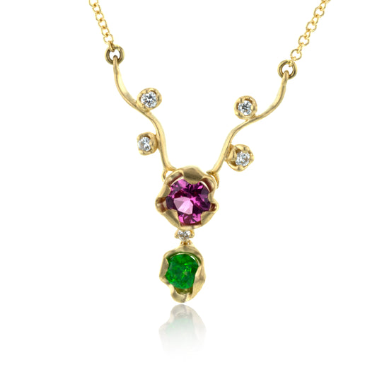 Paradise Pink & Green Stone necklace in 18k Yellow Gold