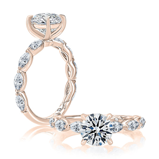 Scalloped Diamond Band Engagement Ring with Round Center