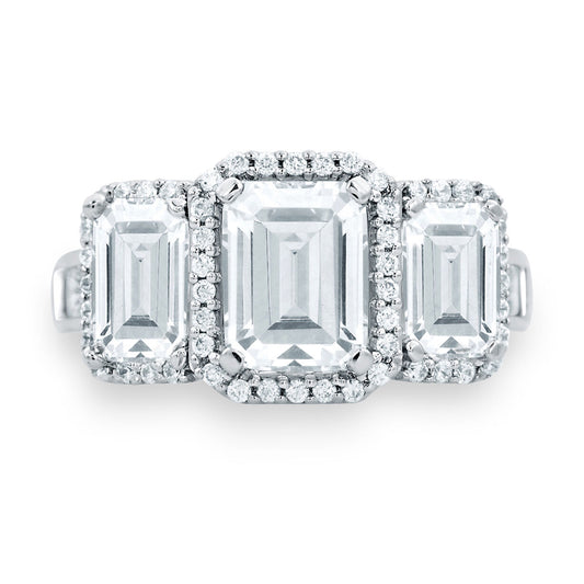 Emerald Cut Halo Three Stone Anniversary Ring