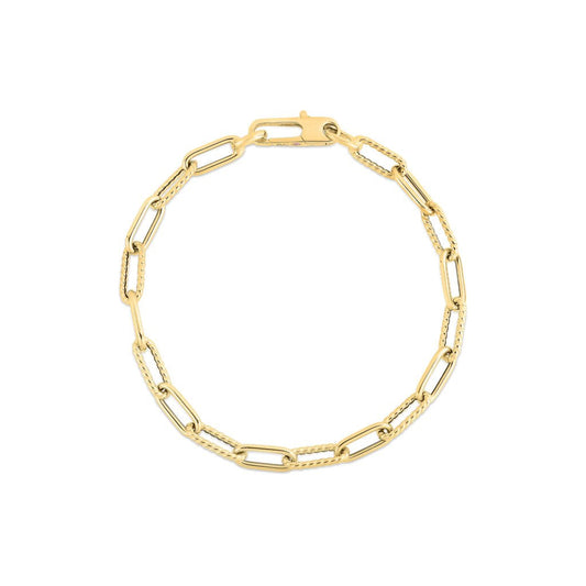 18K YELLOW GOLD ALTERNATING SHINY FLUTED PAPERCLIP BRACELET