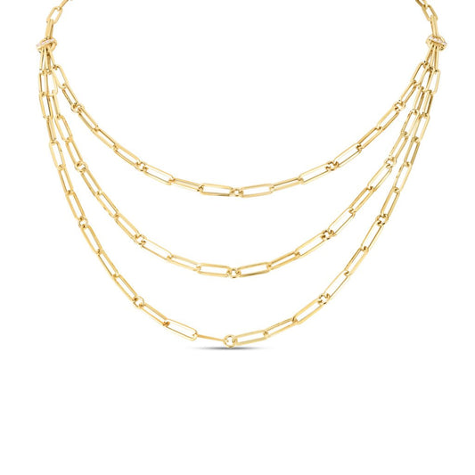 18K YELLOW GOLD DESIGNER GOLD TRIPLE STRAND PAPERCLIP CHAIN NECKLACE WITH DIAMONDS