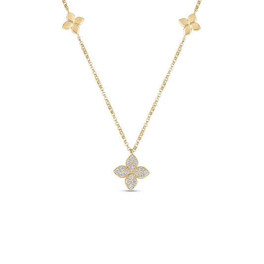 18K YELLOW GOLD LOVE BY THE INCH DIAMOND & POLISHED FLOWER STATION NECKLACE