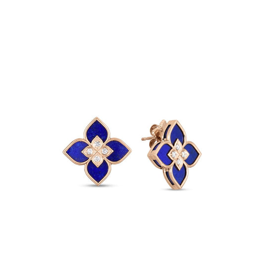 18K ROSE GOLD VENETIAN PRINCESS DIAMOND & LAPIS SMALL FLOWER STUD EARRINGS