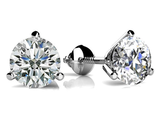 CLASSIC THREE PRONG DIAMOND STUDS - LAB CREATED - SCREW BACKS