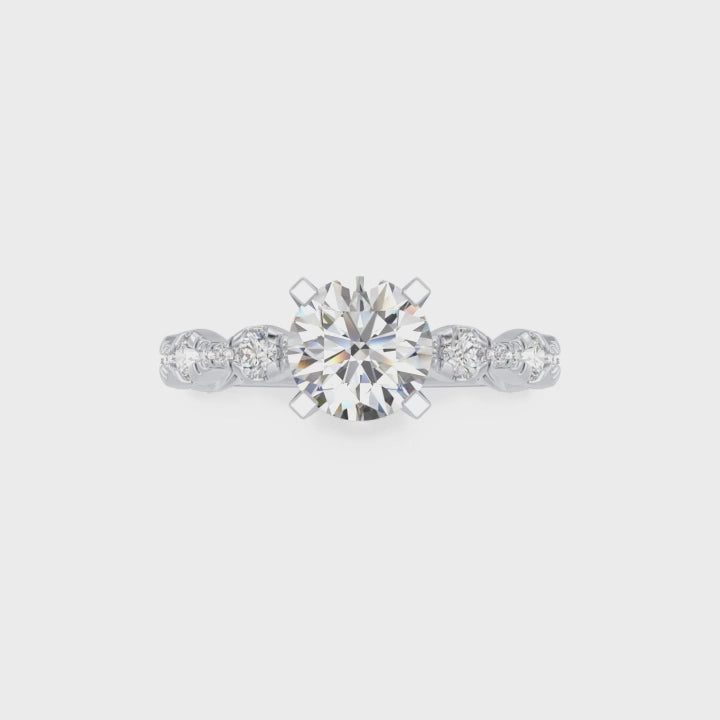 Round Cut Scalloped Alternating Diamond Engagement Ring