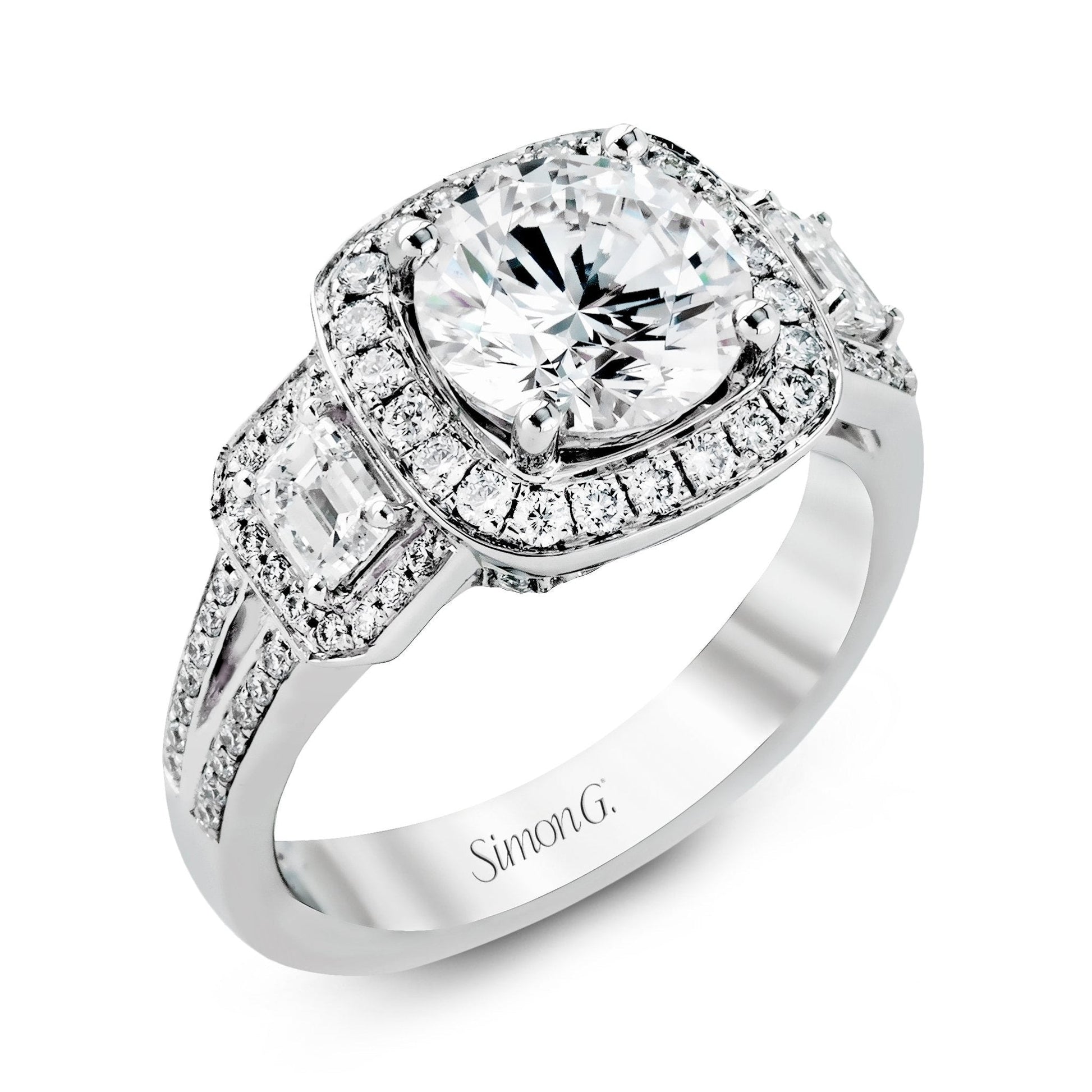 Round - cut Three - Stone Halo Engagement Ring in 18k Gold with Diamonds - Simon G. Jewelry